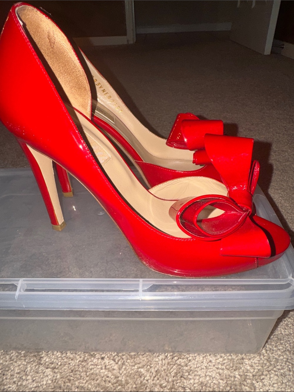 Valentino Red Patent Bow Peep-Toe Heels - Picture 7 of 12